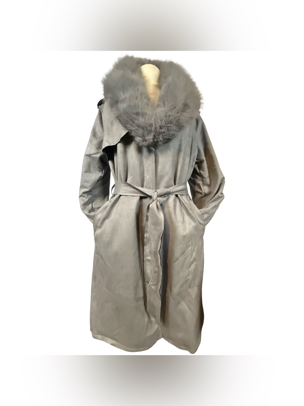 Bellivera Faux Suede Gray Faux Fur Hooded Trench Coat Women's Size XL